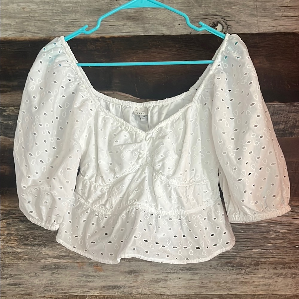 A New Day White Puff Sleeve Peplum eyelet Blouse